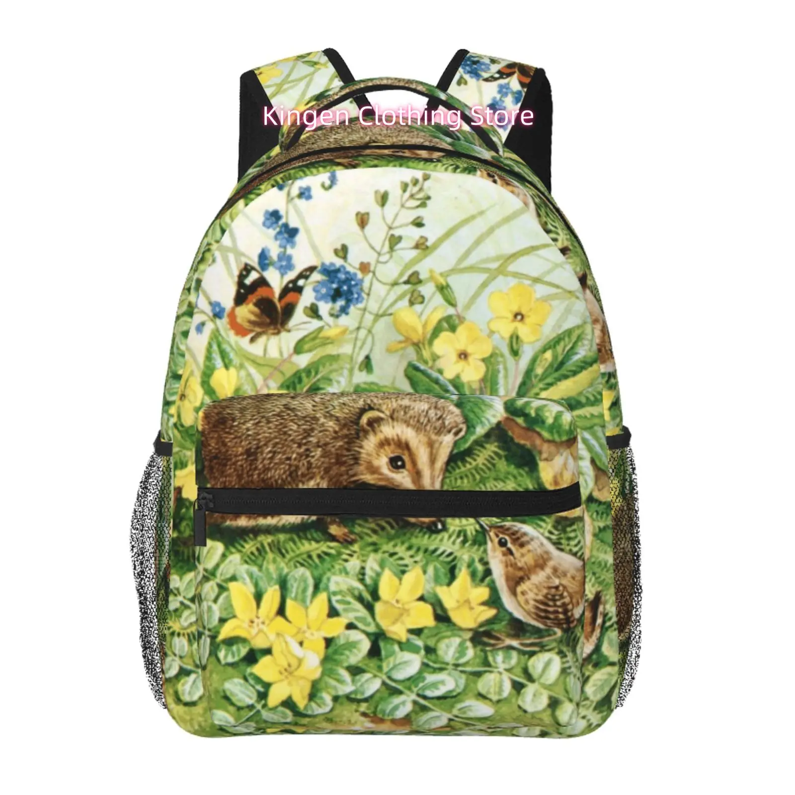 Vintage Hedgehog & Meadow Print Backpack Suitable for Unisex, High Quality Oxford Daypack with Adjustable Straps, Lightweight Zi
