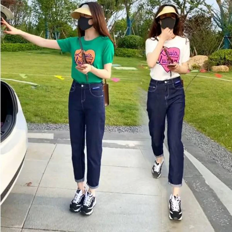 

Ice Silk Short Sleeve T-Shirt High Waist Thin Nine Points Jeans Set Women's Casual Slimming Two Piece Set Summer New Style
