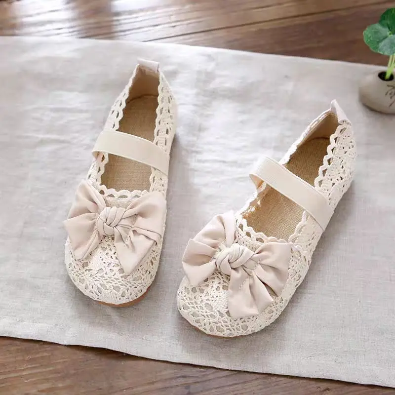 2024 New Spring Summer Flat Shoes Woman Knitted Lace Fisherman's Shoes Sweet Girls Lace Hollow Breathable Casual Shoes Loafers