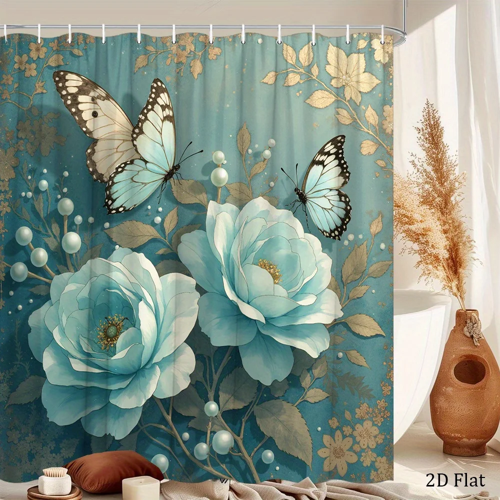 1pc Shower Curtain Featuring Turquoise Roses And Pearls, Adorned with Butterflies Against a Vintage Teal Canvas Backdrop, Includ