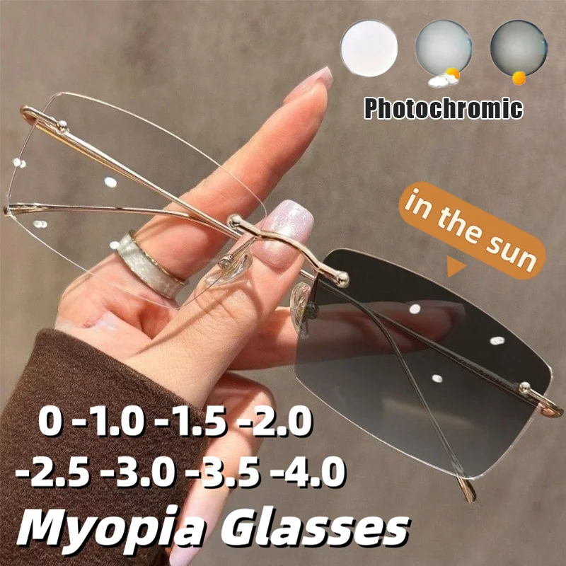 

Classic Square Frame Photochromic Myopia Glasses Unisex Frameless Ultra-Lightweight Anti-Blue Light Eyewear Diopter 0 To -4.0