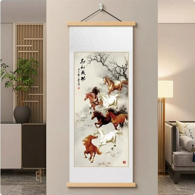 Wall Art Galloping Horse Herd and Dusty Landscape Chinoiserie Pearlescent Canvas Hanging Scroll with Wooden Rods for Study