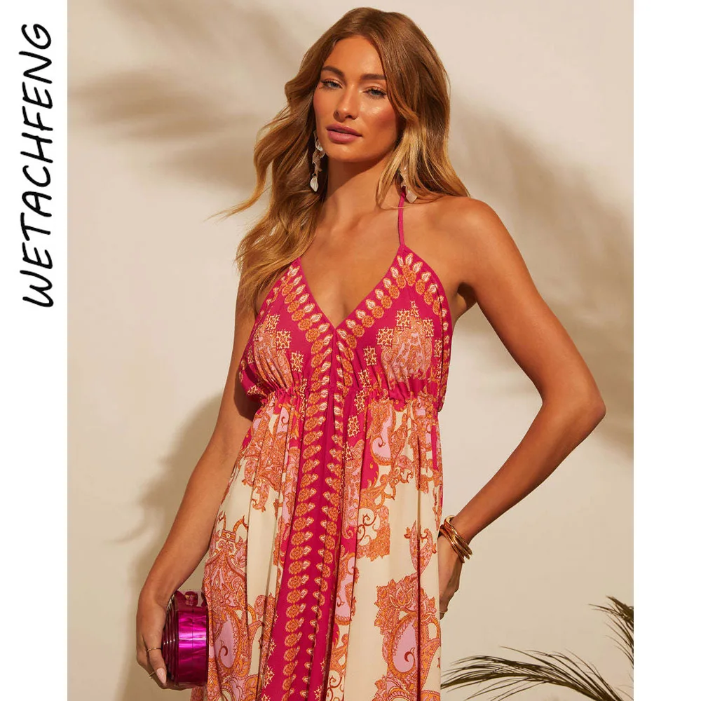 Women's Dress Off-Shoulder V-Neck Floral Print Long Elegant A-Line Evening Dress Spaghetti Straps Boho Holiday Beach Party Gown
