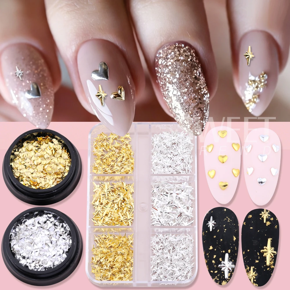 อุปกรณ์ตกแต่งเล็บรูปดาวสีทองเงิน 1/3 กล่อง  อะไหล่ตกแต่งเล็บรูปดาว  จี้เล็บรูปดาว  จี้เล็บรูปหัวใจเล็กๆ  สำหรับตกแต่งเล็บ DIY