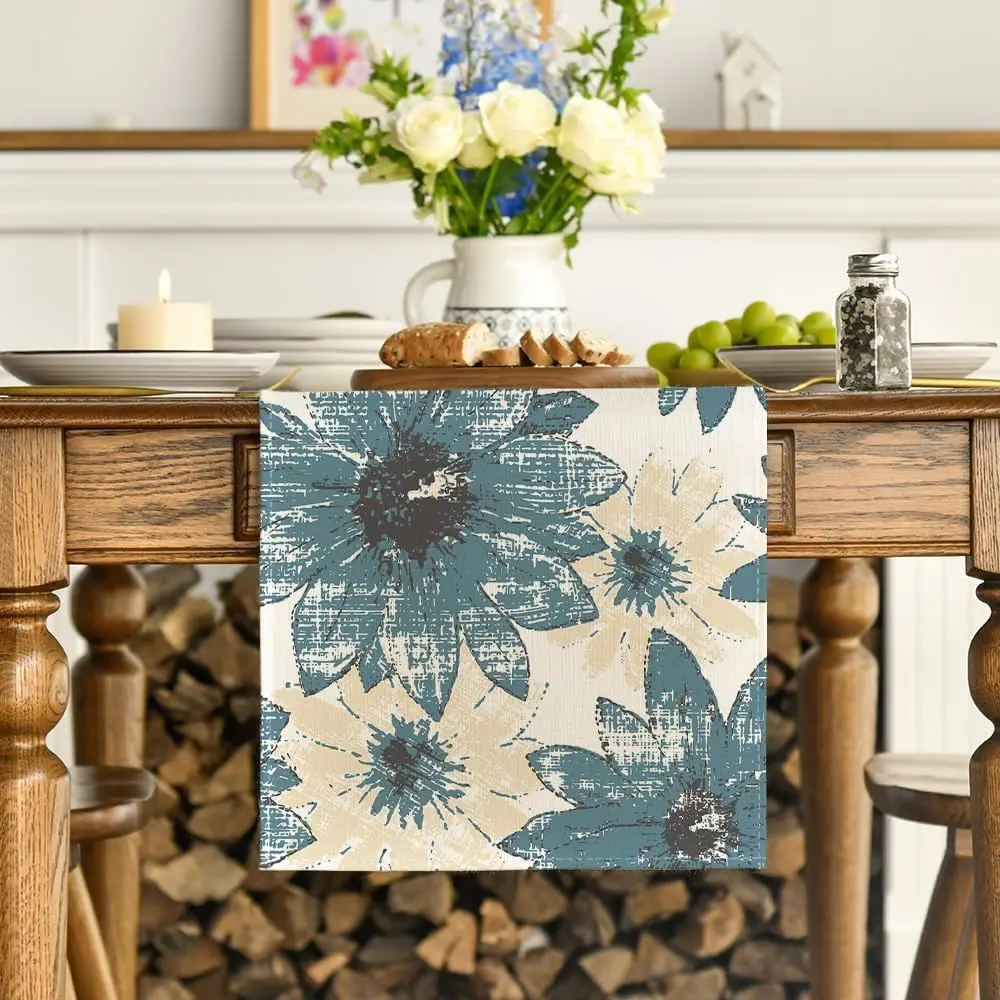 Vintage Blue Daisy Flower Linen Table Runner Dresser Scarf Table Decor Farmhouse Kitchen Dining Table Runner Holiday Party Decor