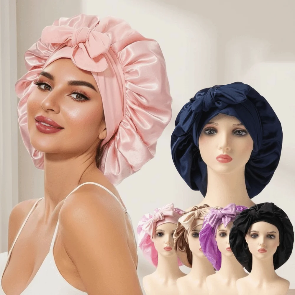 Satin Material Sleeping Bonnet Solid Color Wide Brim Design Night Sleep Cap Soft Adjustable Strap Satin Sleep Bonnet