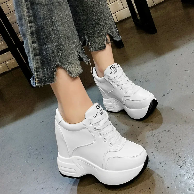 New Women\'s Ankle Boots Autumn Leather Chunky Shoes Woman Platform Height Increased Sneakers 10CM Thick Sole Wedges White Boots