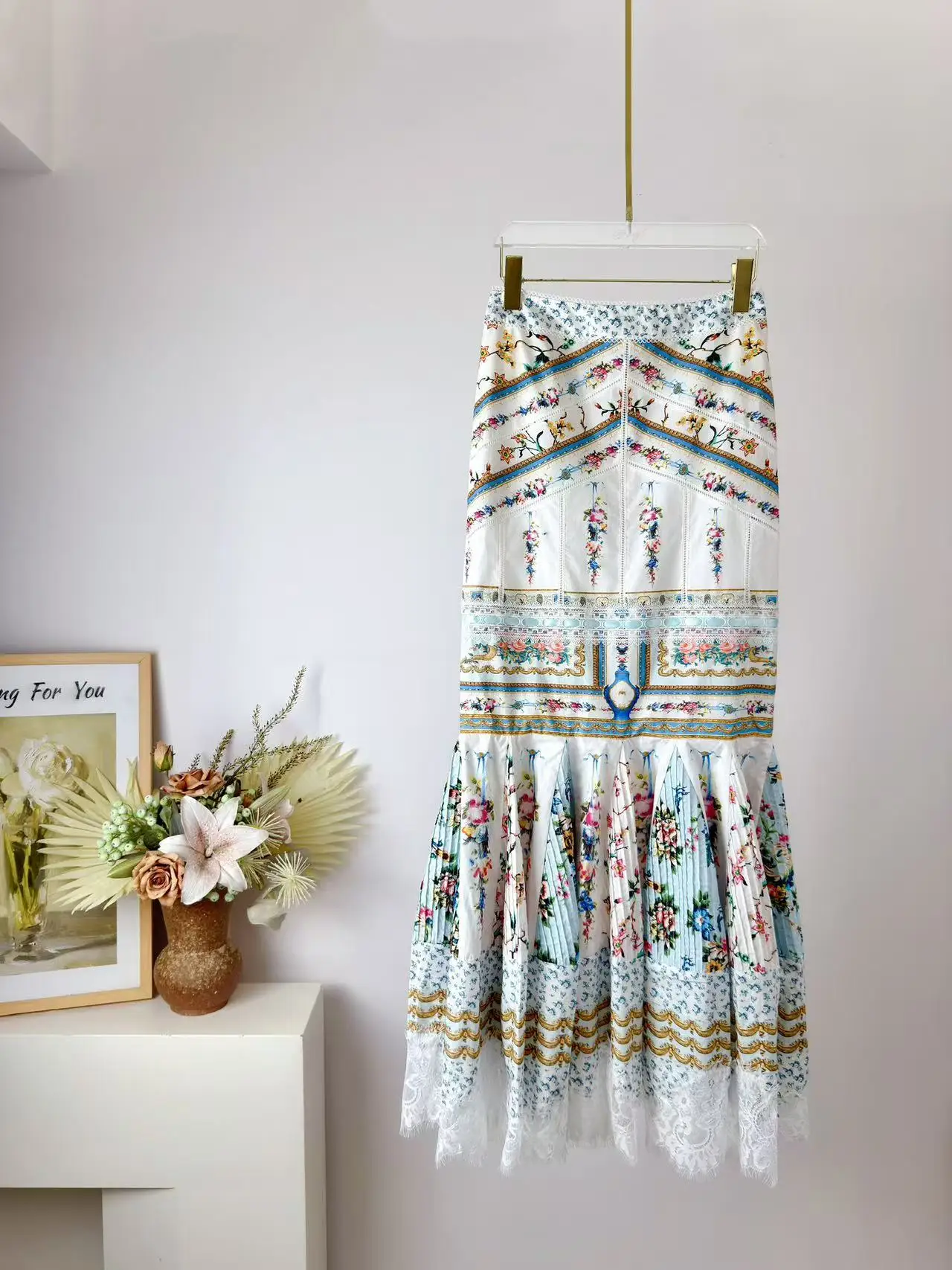 Summer Fashion Party Vintage Small Broken Flower Print Cotton Long Skirt Women's Middle Waist Slim Flounces Lace Hem Skirt