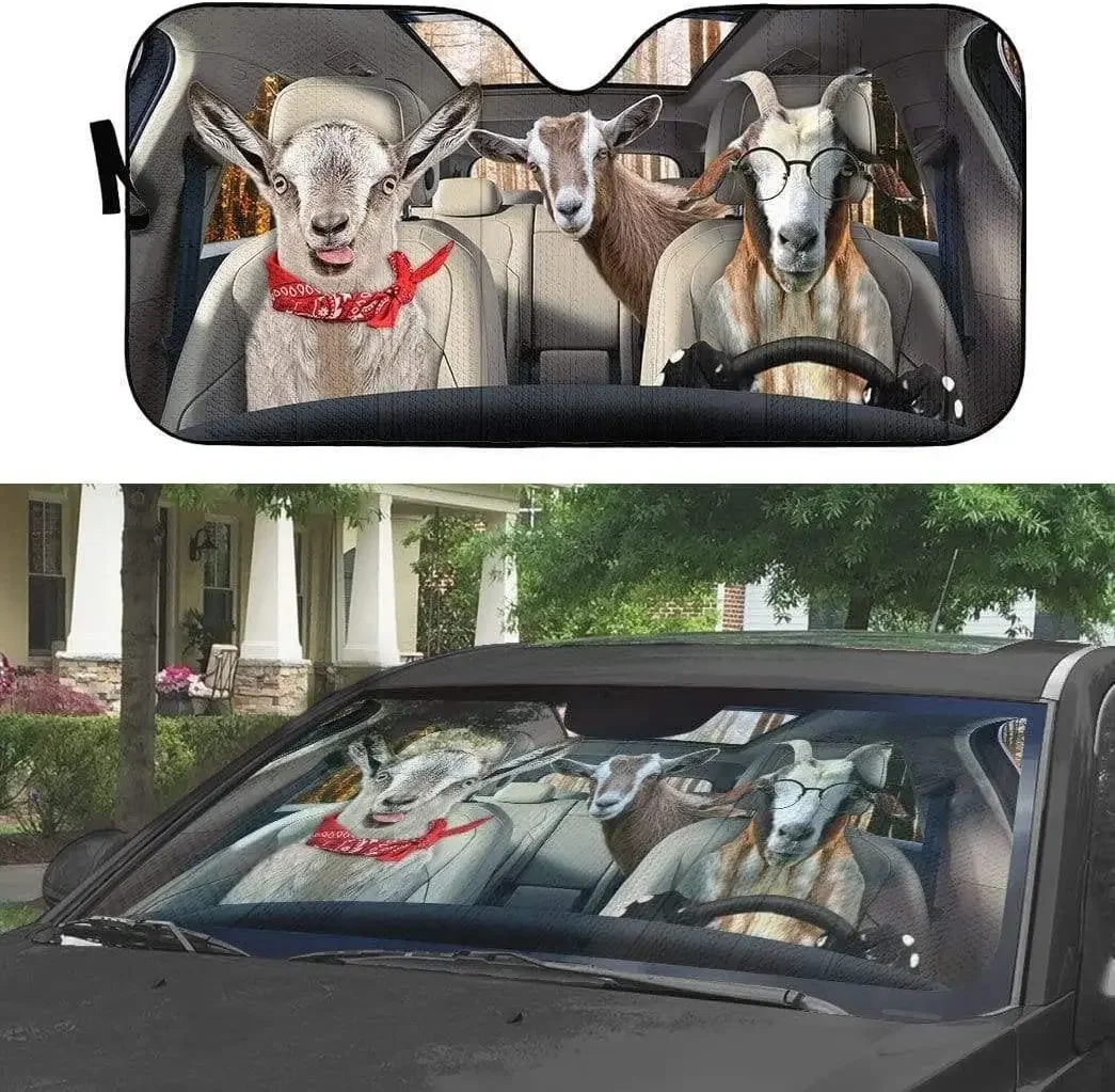 Goats Funny Animals On Wheels Left Hand Drive Car Sunshade, Funny Goat Family Wearing Glasses Driving Auto Sun Shade, Goat Farm