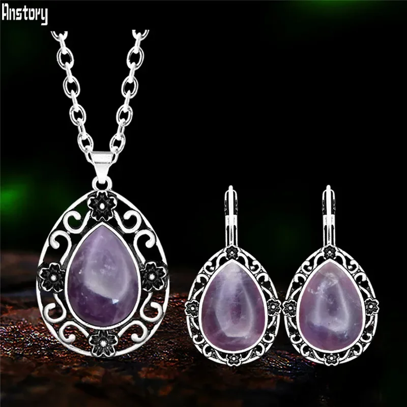 Vintage Water Drop Pendant Natural Amethysts Sets For Women Antique Silver Plated Flower Stone Necklace Earring Fashion Jewelry