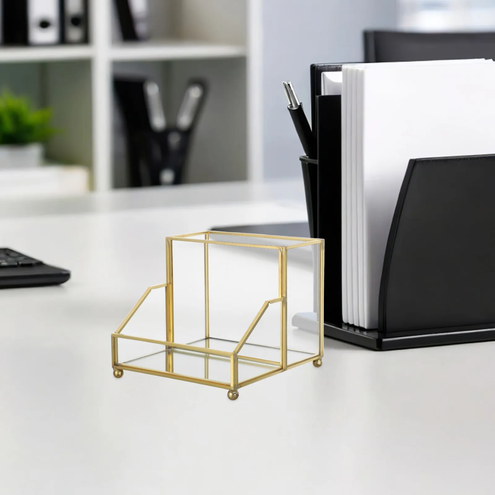 

Элегантная коробка для визитных карточек с золотым ободком, настольный органайзер, вертикальная подставка для визиток, офисное хранилище для визиток