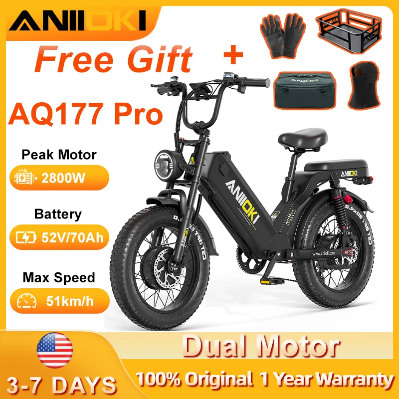 

Электровелосипед ANIIOKI 2026 с двумя моторами 2800W 52V 70Ah, скорость до 32 миль/ч, увеличенный запас хода, электровелосипед AQ177 AWD для взрослых