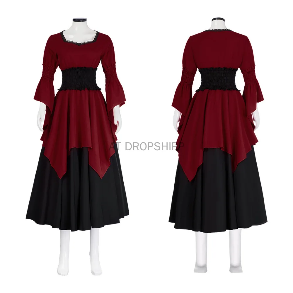 

Medieval European Renaissance Manor Maid Skirt Orange Red Long Dress Halloween Cosplay Colonial Period Women's Skirt