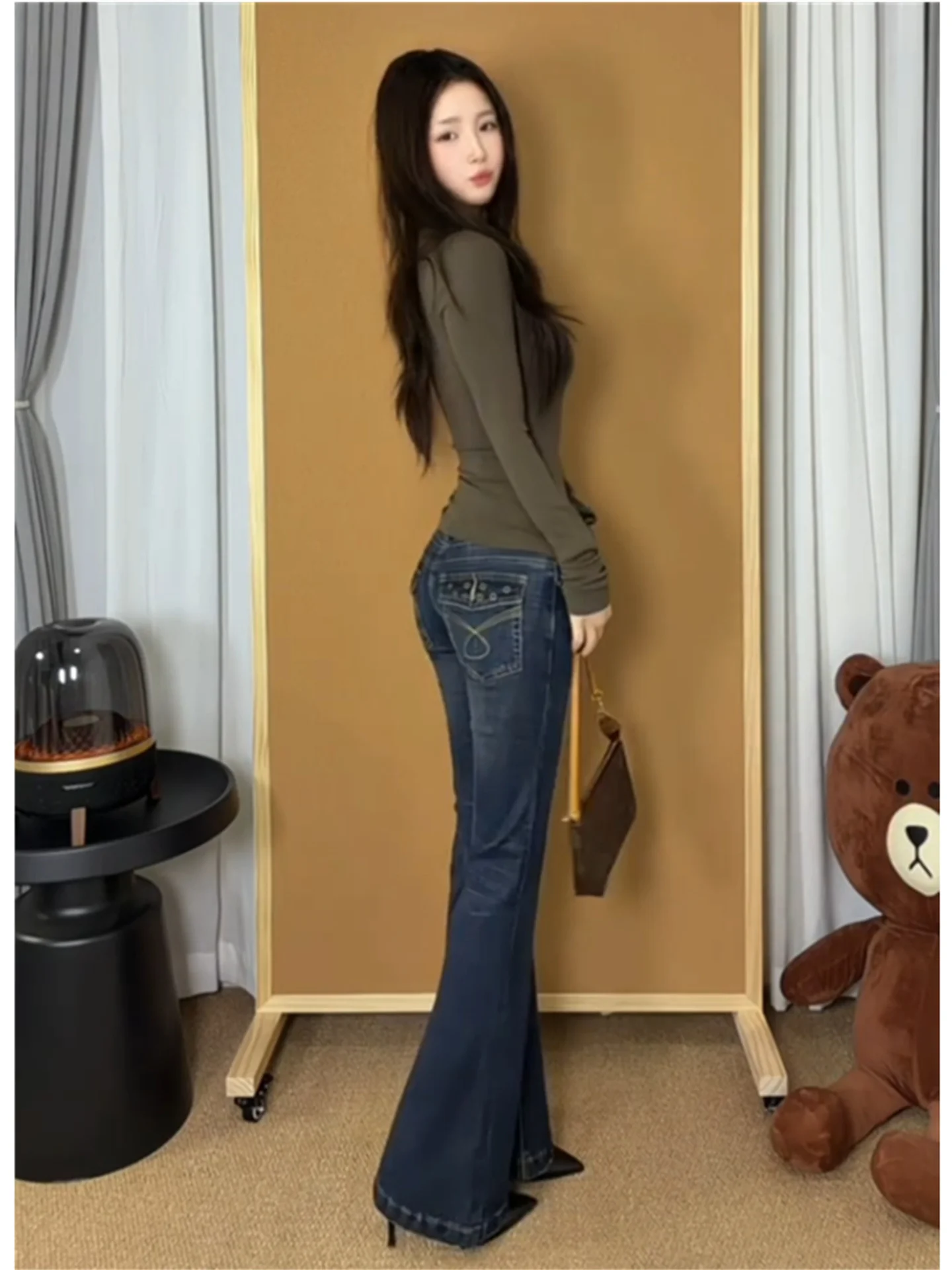 

High Waist Flared Low Rise Floor Length Denim Jeans Women's Spring Summer Slimming Tapered Casual Cotton Blend Jeans