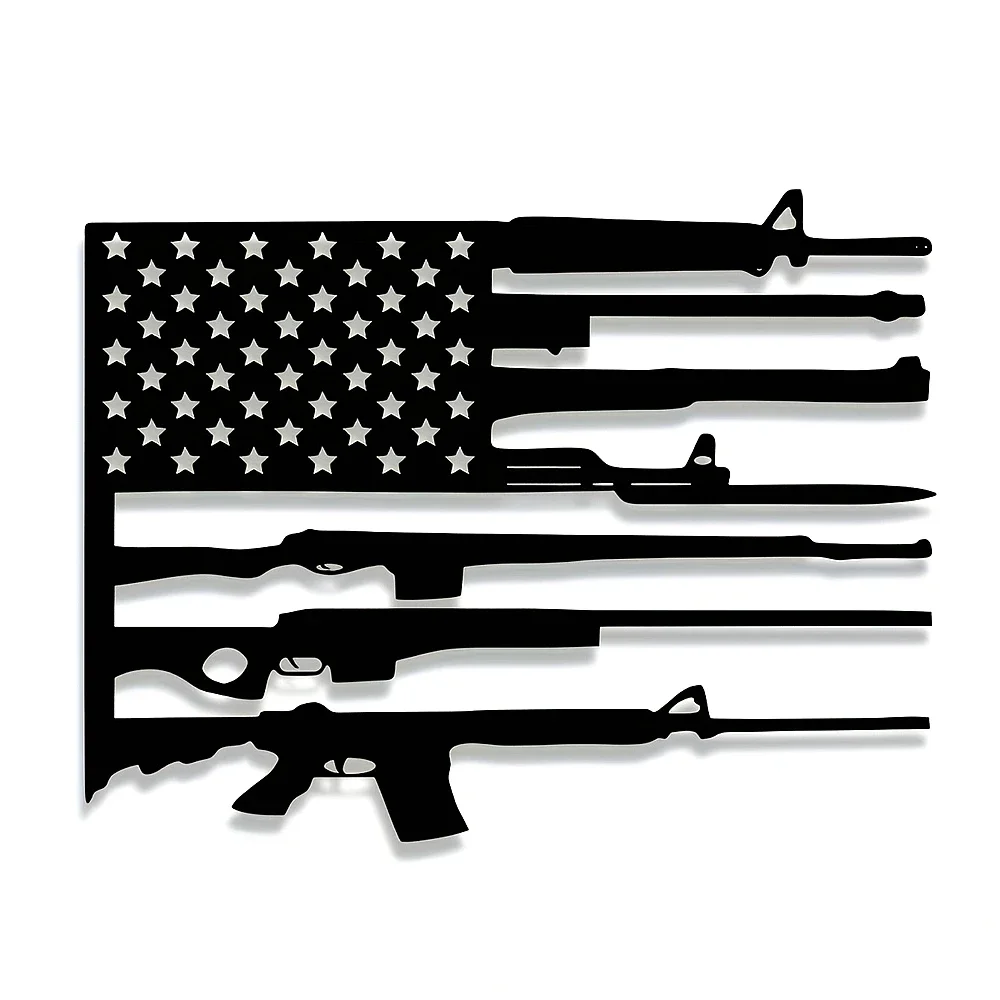 Patriotic American Flag with Rifle Silhouette Metal Wall Art, US Flag Gun Metal Sign, Man Cave, Garage, Veterans Gift