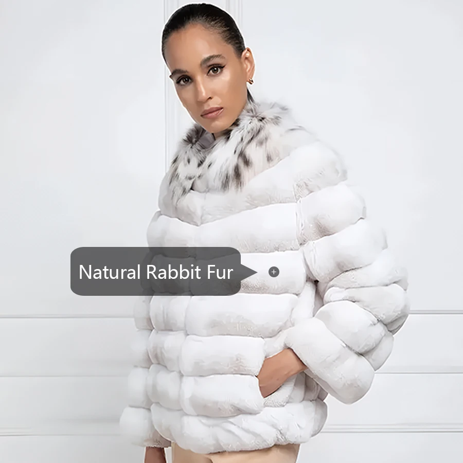 Natural Rabbit Fur Coat Women's Winter Jacket Short Chinchilla Rex Rabbit Fur Coat With Real Fox Fur Collar High Quality