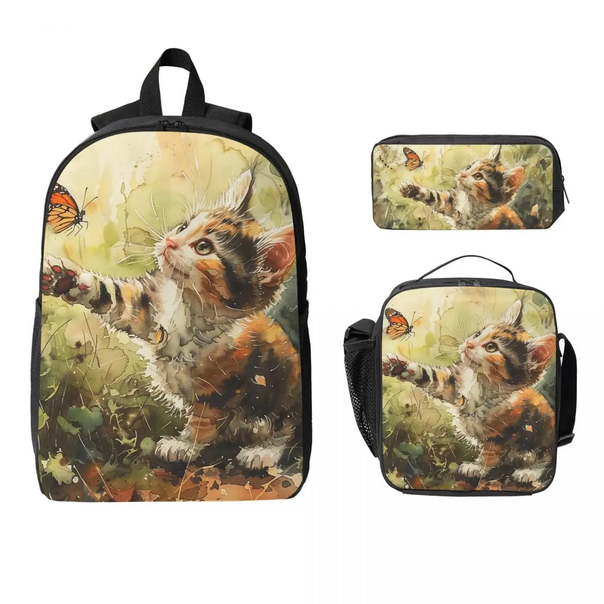 Adorable Kitten And Butterfly In Grass Backpack Boys Girls BookBag School Bag Computer Shoulder Bags 3ps Lunch Bag Pencil Case