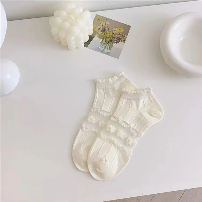 5 Pairs Summer Women White Glass Silk Breathable Sexy Transparent Socks Low Tube Thin Bubble Short Socks