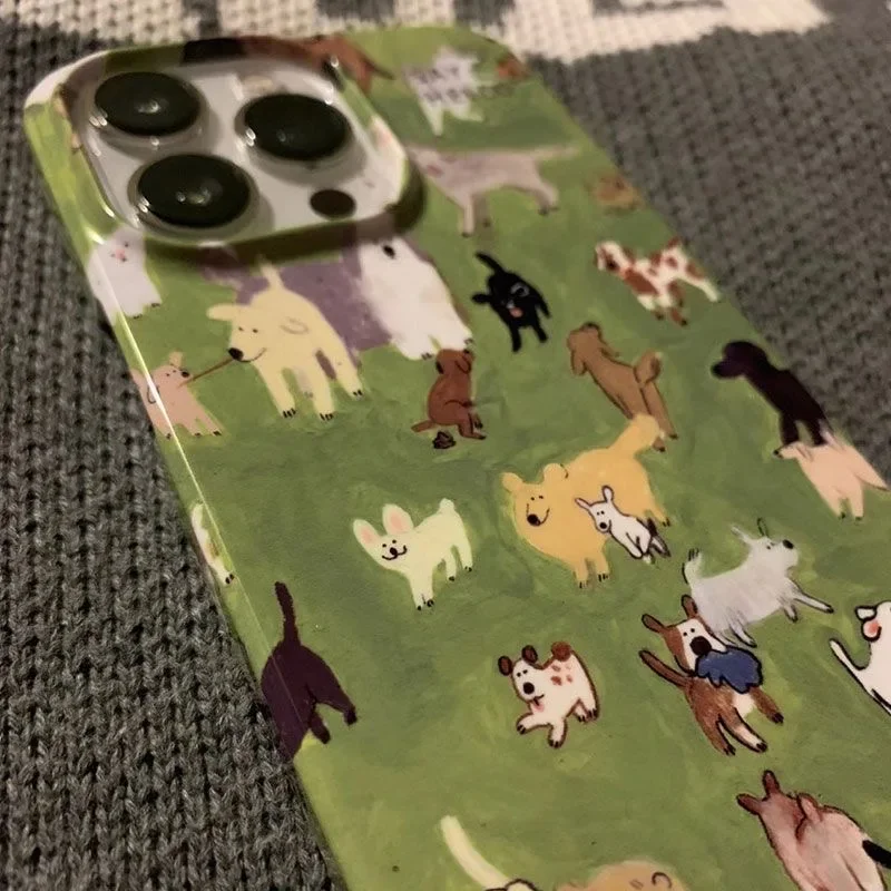 INS Cute Cartoon Grassland Dog Animals Case for IPhone 16 15 14 13 Pro Max Back Phone Cover for 12 11 Pro XS XR SE Acrylic Cover