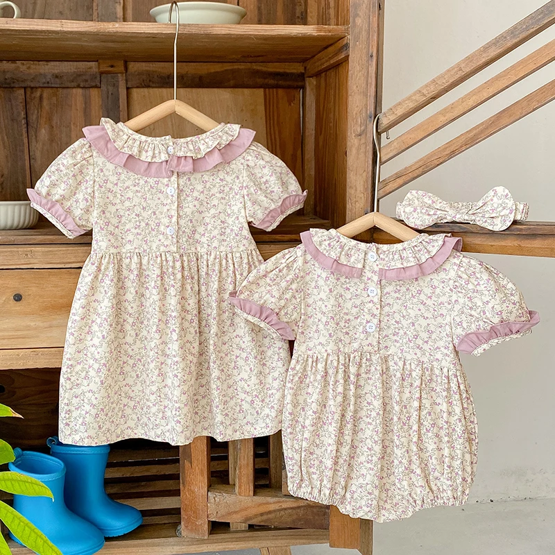 Sister Outfit Summer Girl Baby Romper Toddler Baby Girls Embroidery Dresses Infant Children Cotton Short Sleeve One-piece Romper