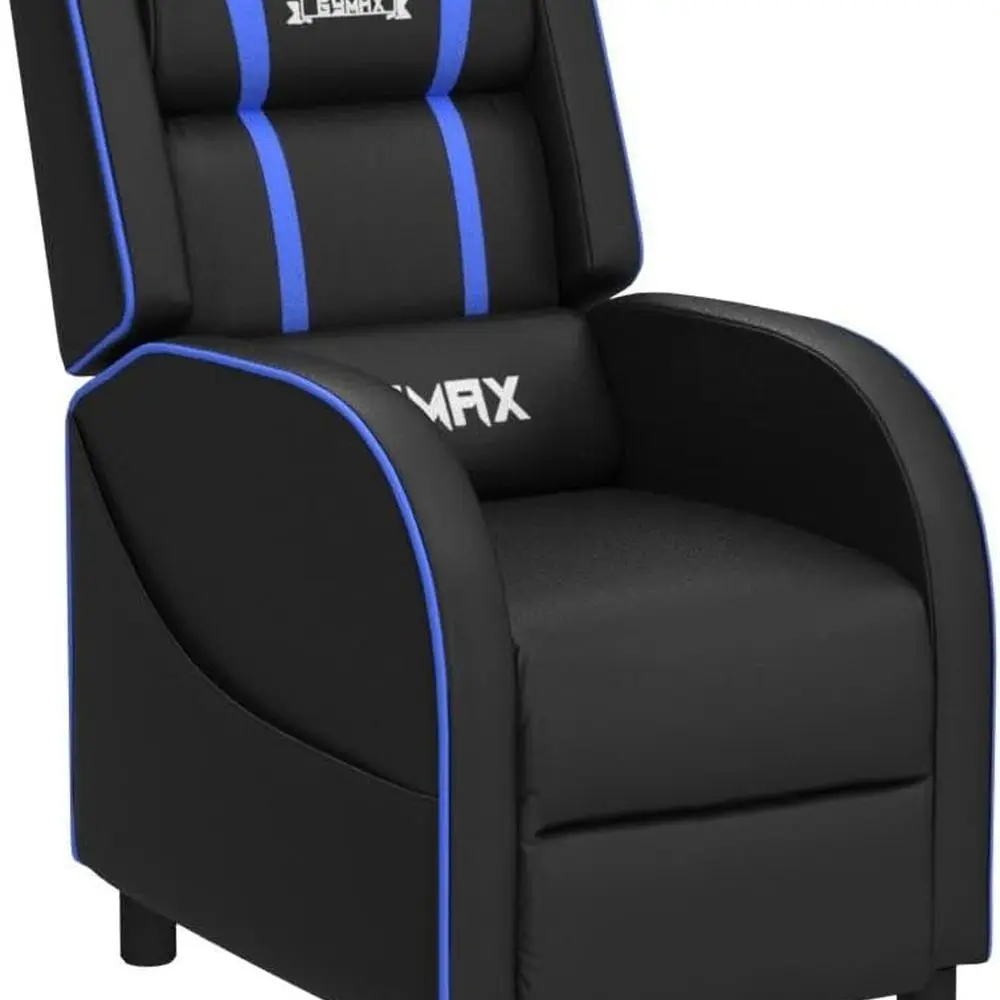 كرسي تدليك مريح مع مسند قدم قابل للتعديل وجهاز تحكم عن بعد وجيب جانبي وكرسي ألعاب أزرق للبالغين