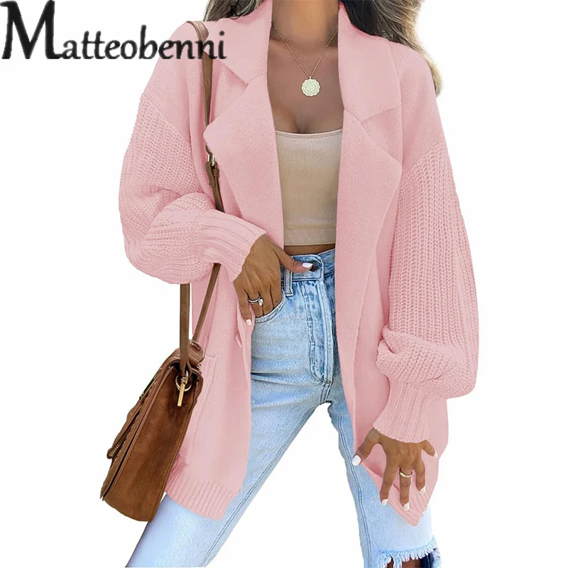 Fashion Blazer Neck One Button Splice Solid Color Sweater Autumn Women Two Pocket Jumpers Long Sleeve Knitted Outerwear Knitwear