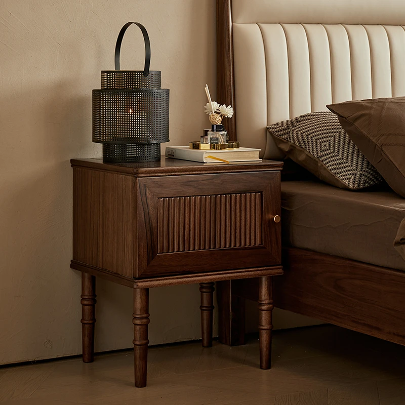 Black walnut bedside table French retro designer medieval solid wood bedside table Bedroom home Suitable for indoor use