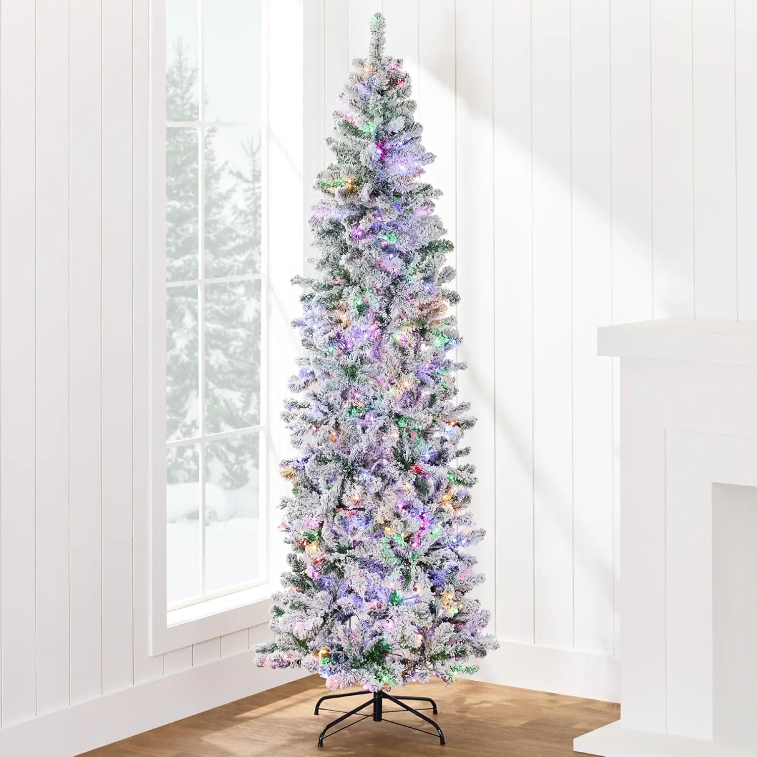 Best Choice Product Flocked Pencil Christmas Tree Pre-Lit Slim 12ft Artificial Holiday Decoration 2-in-1 White Multicolor Lights