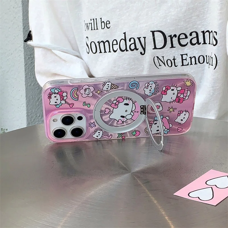 패션 귀여운 만화 헬로키티 마그네틱 폰 케이스 아이폰 16 프로 15 14 프로 맥스 16 프로맥스 링 포함 만화 케이스 15