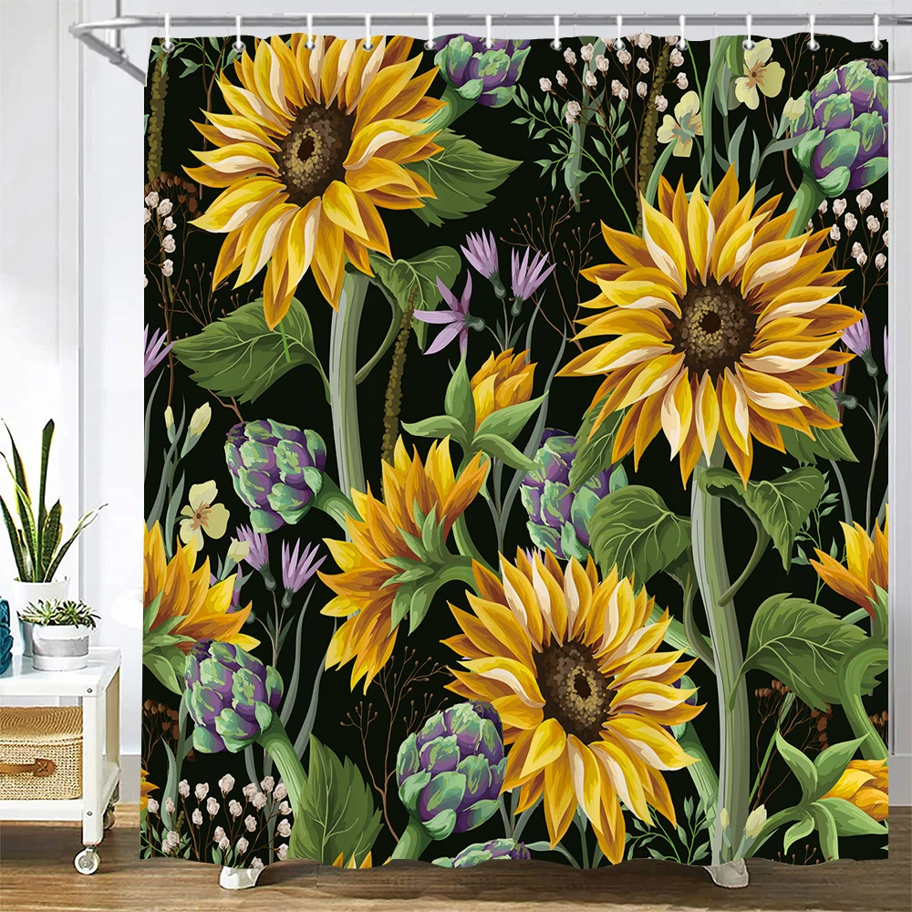 

Black Shower Curtain 3D Flowers Plant Fabric Waterproof Polyester Home Decor Bath Curtain Bathroom Accessories Cortina De Baño