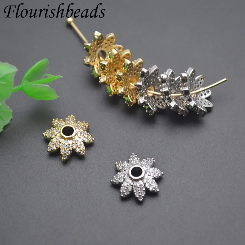 

30pcs/lot 18k Color Gold Leaf Flower End Bead Caps for Women DIY Jewelry Making Paved CZ Needlework Accessories