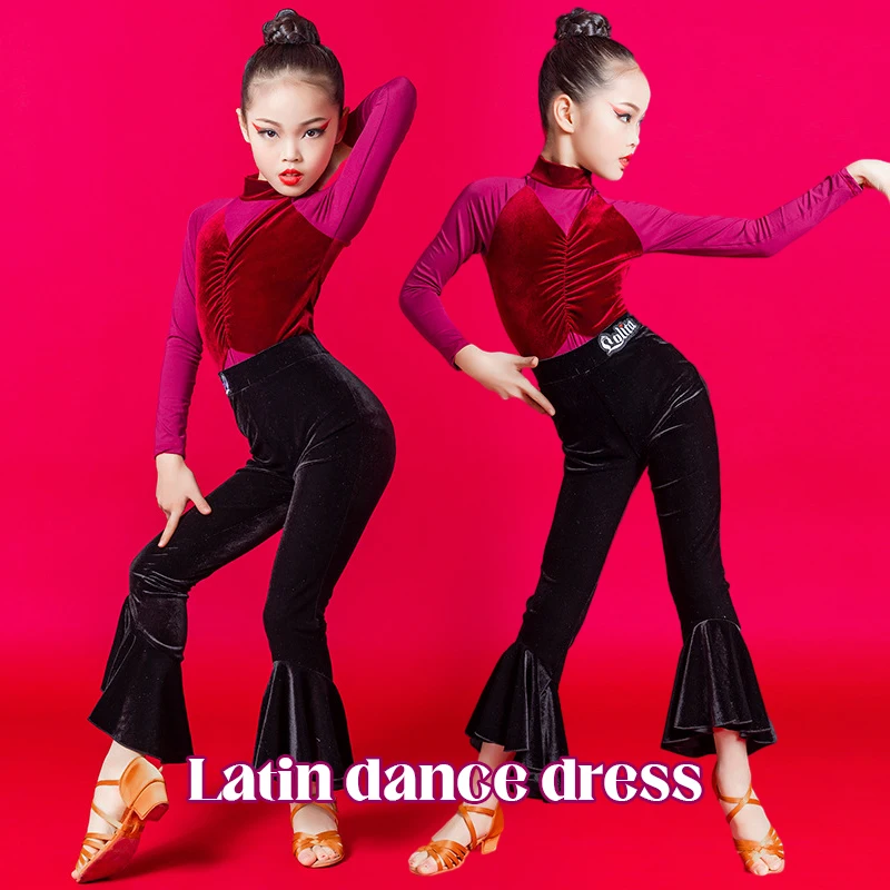 

Girls Autumn Winter Latin Dance Suit Long Sleeve Tops Latin Pants Training Dance Practice Competition Stage Performance Costume