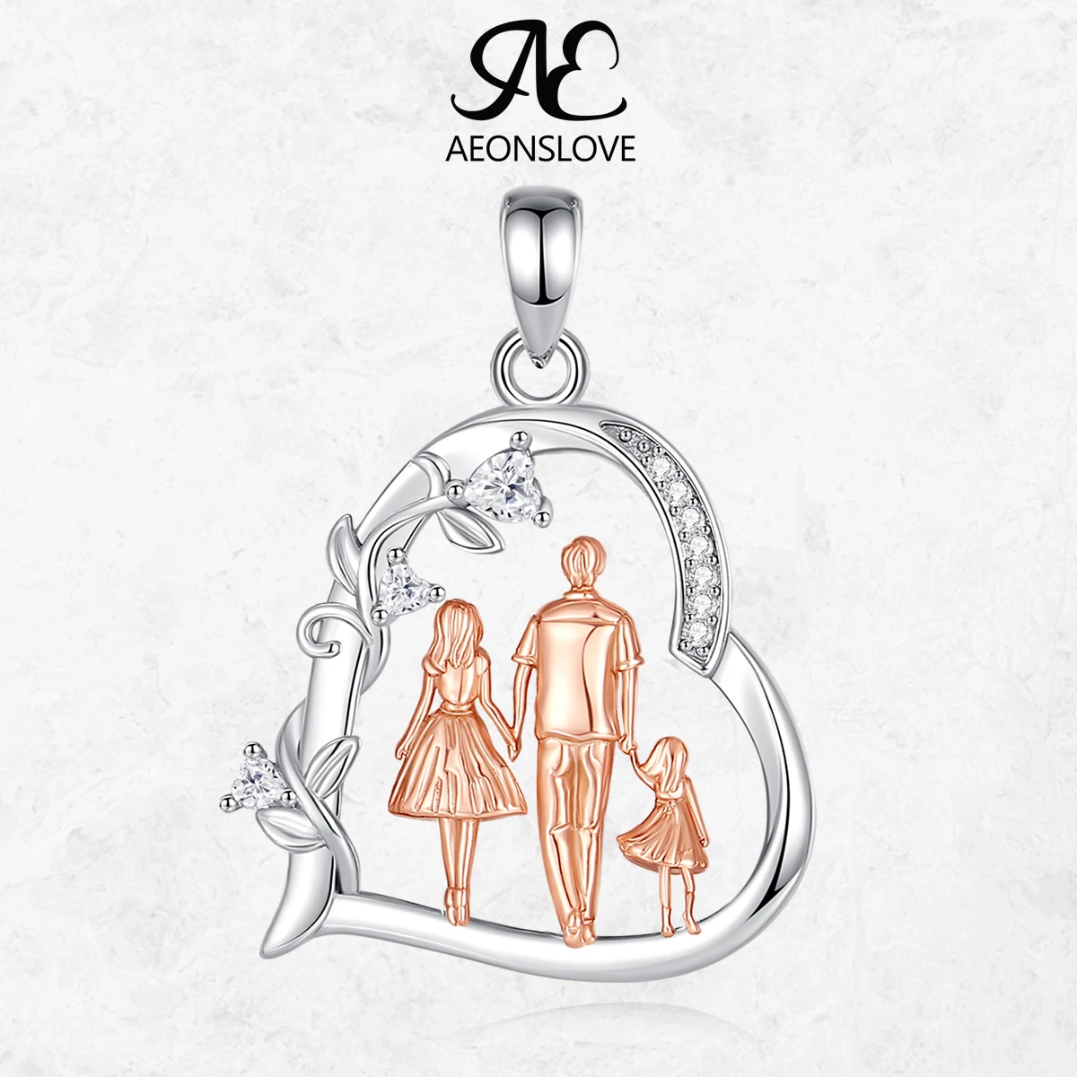 

AEONSLOVE 925 Sterling Silver Heart Necklace CZ Rose Gold Family Pendant Mother and Child Jewelry Mother's Day Gift for Wife Mom