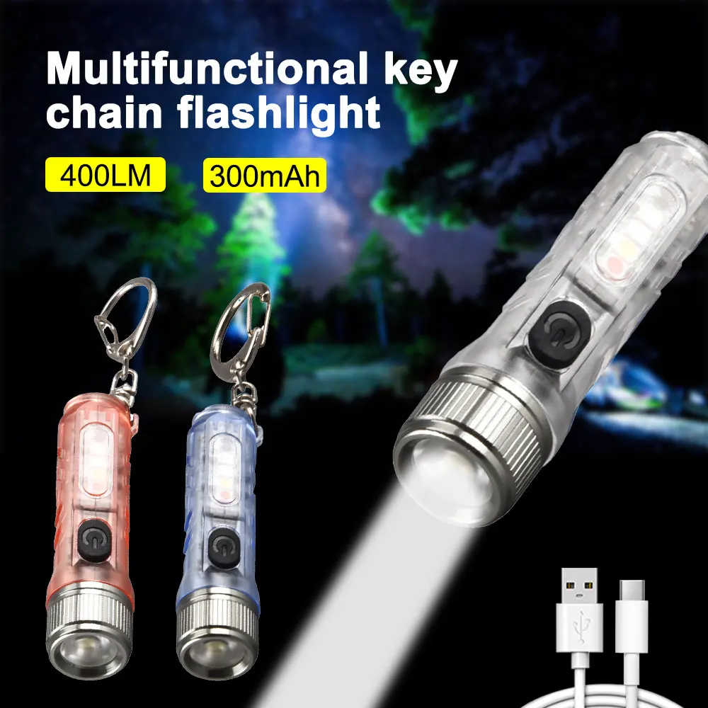 

USB Charging Mini Keychain Flashlight Multi-function LED Torch 4 Modes Lamp Magnetic Emergency Warning Camping Light