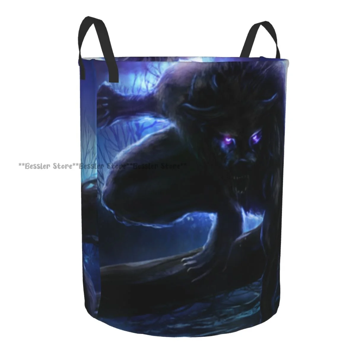 Laundry Basket Surreal Werewolf Electric Eyes In Full Moon Round Storage Bin Collapsible Hamper Clothes Bucket Organizer