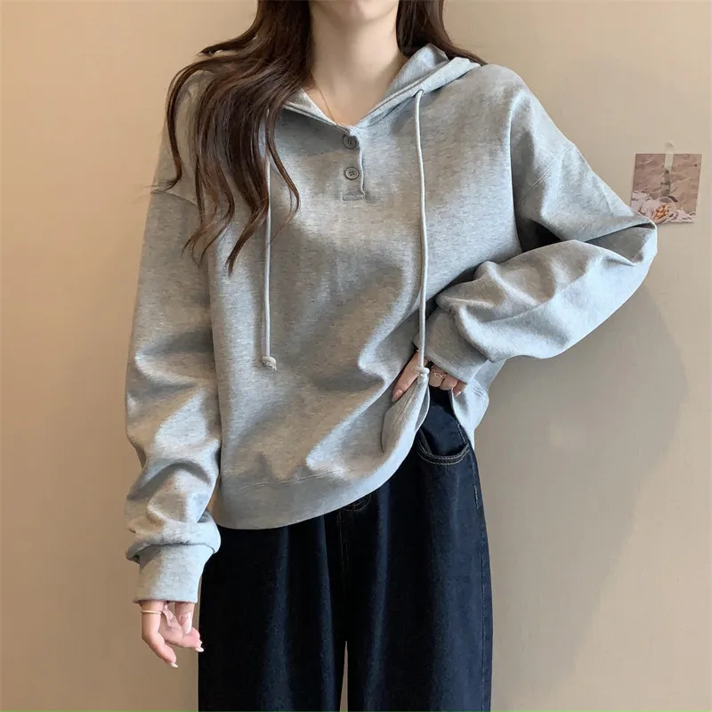 

Women's Henley Hooded Sweatshirt, Casual Long-Sleeve Hoodie with Button V-Neck, Loose-Fit Everyday Loungewear