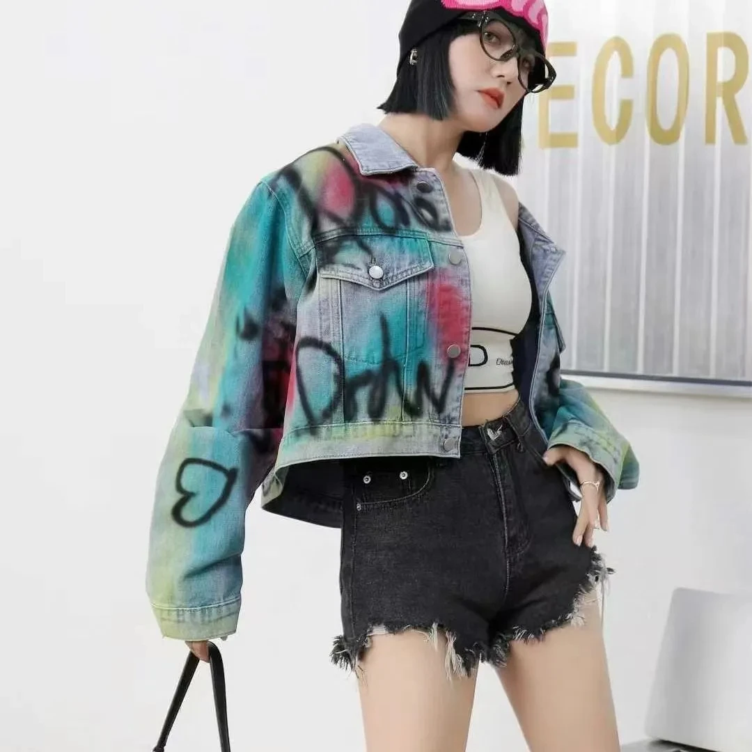 Women Denim Coat Loose Patchwork Zippers Letters Graffiti Contrast Color Denim Jackets 2026 Spring Autumn New Fashion