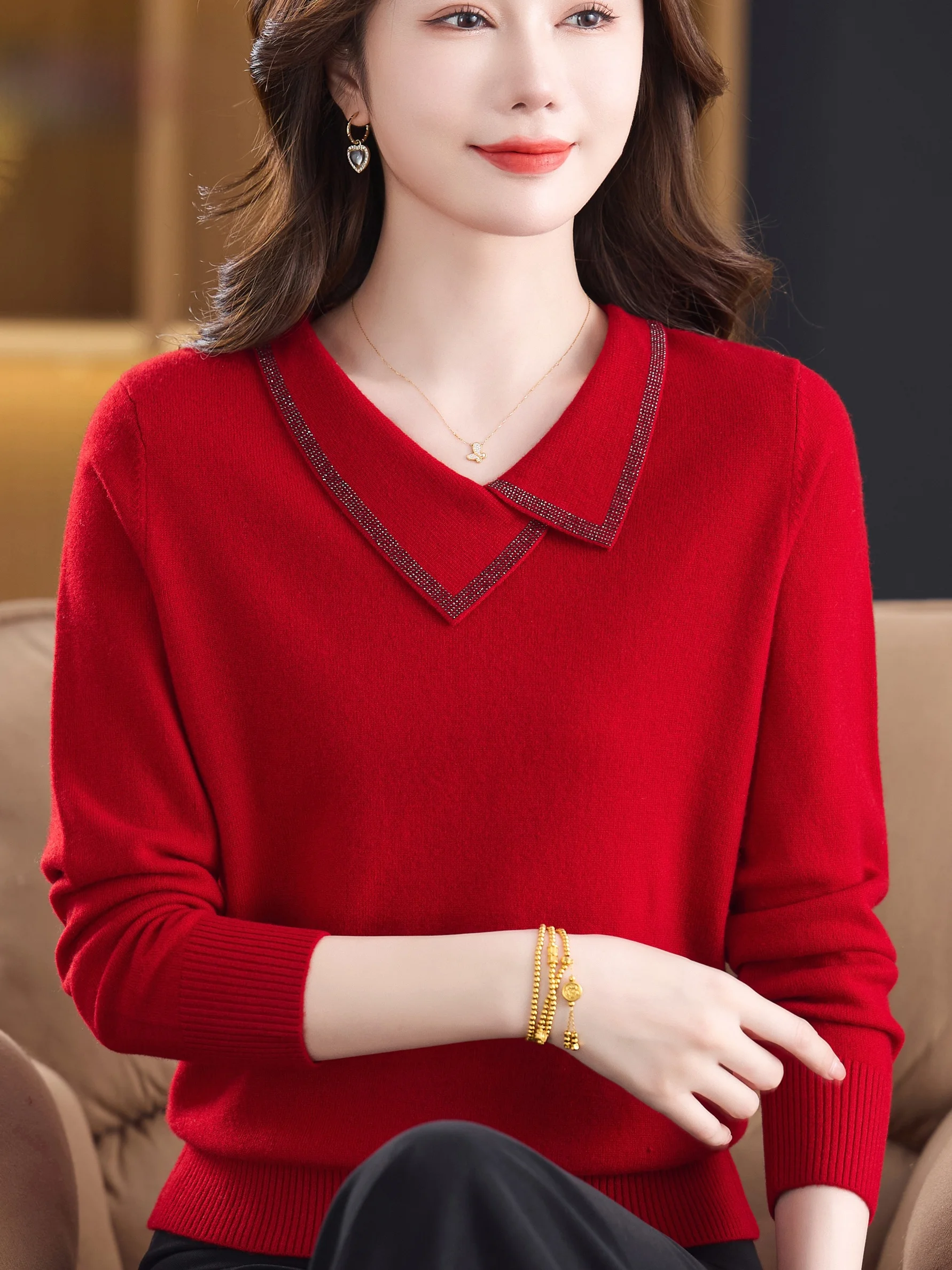 

Красный вязаный шерстяной воротник, модная женская одежда среднего возраста, неровный воротник, антивозрастной дизайн Luy Year