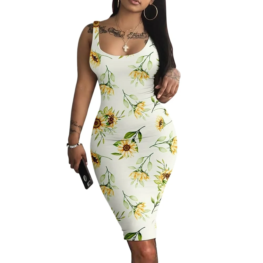 Summer Dress Sunflower Fashion Women Streetwear Vintage Robe Sexy Bodycon Dress Party Club Y2K Clothes Vestido O Neck Mini Dress