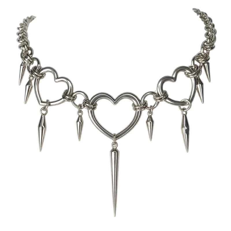 652F Elegant Steel Chain Necklace With Edgy Heart Spikes Pendant Accessory Jewelry For Any Outfit