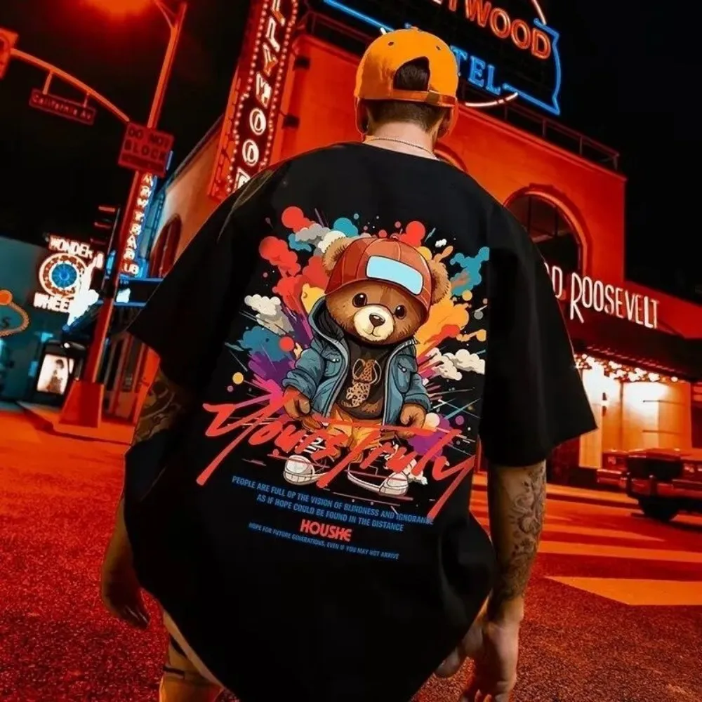 European and American men's summer fun teddy bear graffiti print soft and breathable round neck T-shirt outdoor street top