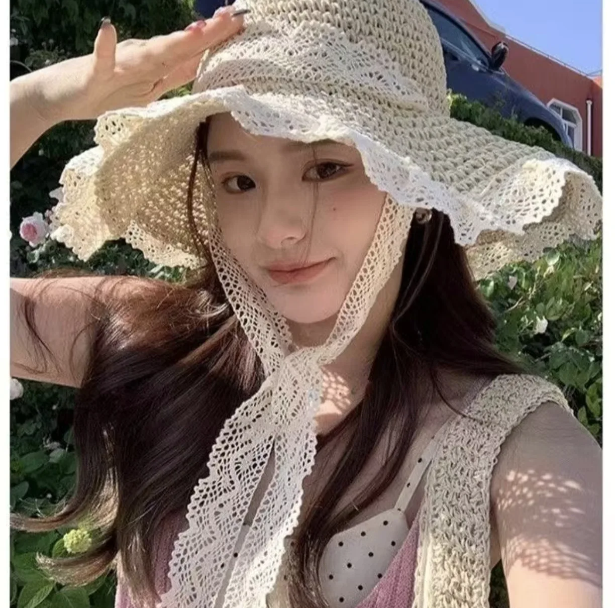 

Straw Hat Women Wide Brim Sun Hat with Lace Trim Breathable Foldable Beach Cap UV Protection