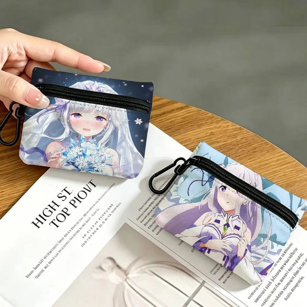 Emilia ReZero Anime Girl Mini Oxford Cloth Coin Purse With Carabiner Hook Portable Key Card Wallet Small Zipper Storage Pouch