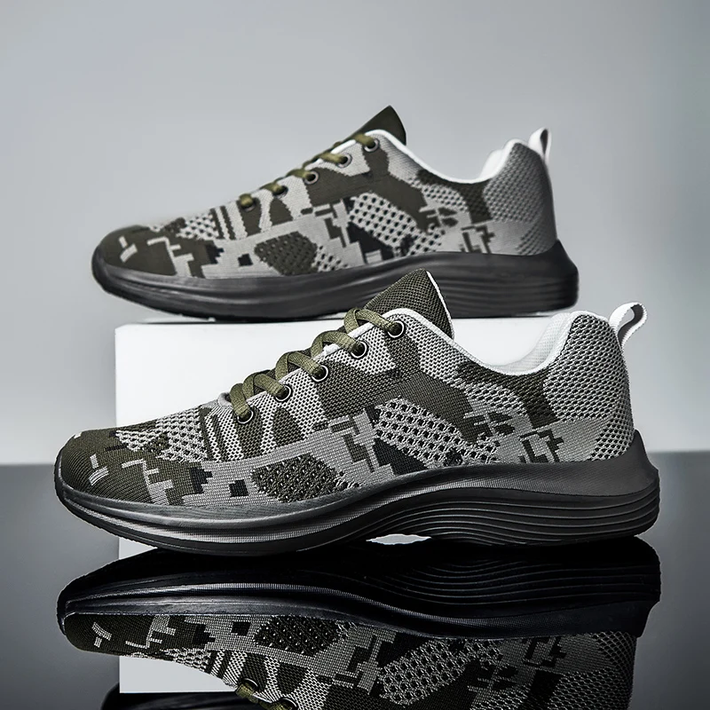 Army Green Camouflage Sneakers Men Sneakers Low Top Casual Shoes for Men Breathable EVA Sole Mesh Lace Up Plus Size 39-45