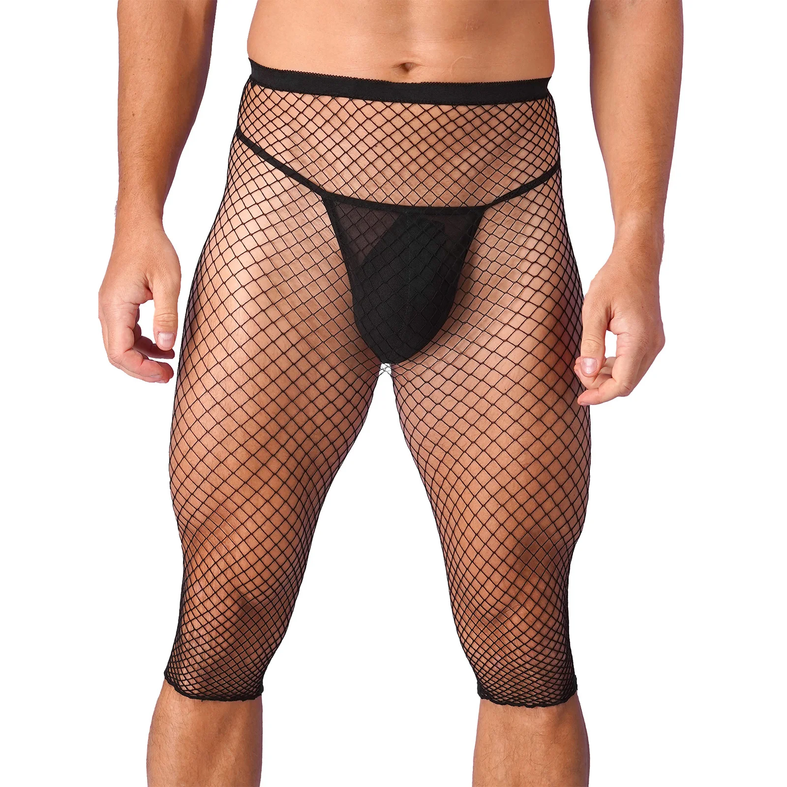 

Mens Sexy Hollow Out Fishnet Hot Pants Knee Length Stretchy Sheer Mesh Leggings Pool Party Rave Nightclub Costume Nightwear