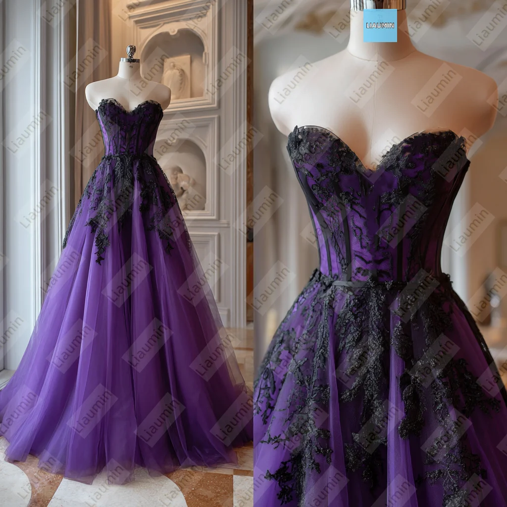 Roxo preto renda applique sem alças até o chão rendas voltar noite baile de formatura vestido formal personalizado feito à mão A7-1.69