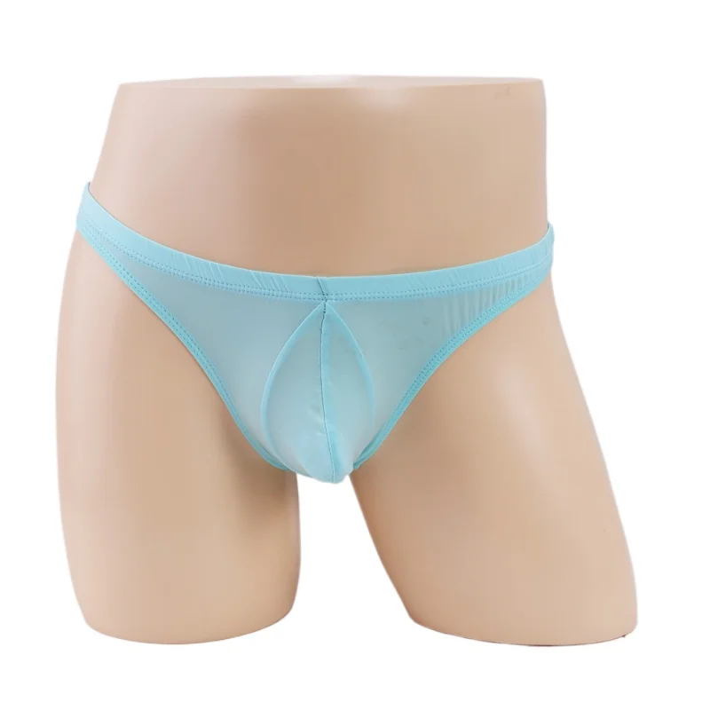Men's Underwear Thin Ice Silk Convex Briefs See Through Lingerie Back Wrinkled Transparent Low Waist Pouch Separation Panties