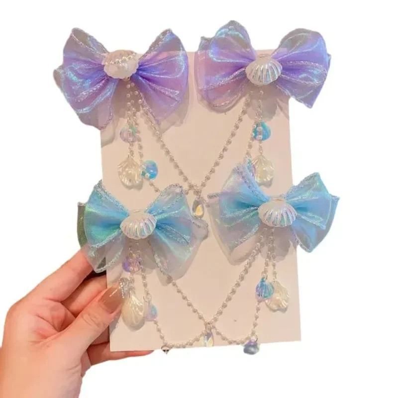 Baby cute mermaid Princess Pearl Tassel bow forehead chain hair clip children hair accessories girls super many styles hair clip