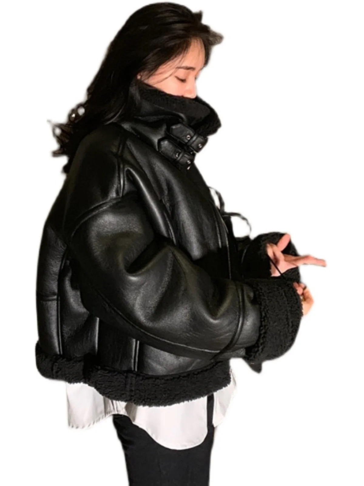 

Women's Biker Jaet Autumn Winter Thiened Suede Coat Lamb Fur Lined Motorcycle Sle ort Outerwear Commute Faion