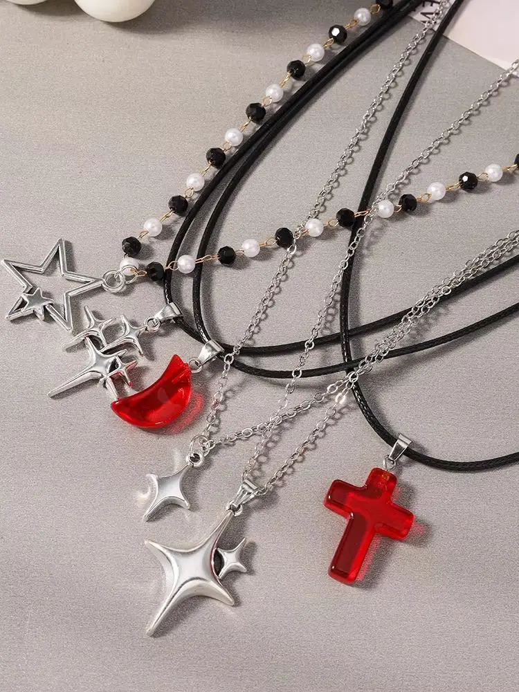Aihua Neue Koreanische Mode Mond-Polaris-Stern-Anhänger Halskette für Damen und Herren Schwarze Seilkette Choker Y2k Party Schmuck Geschenke – Detail 1